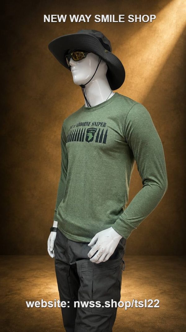 TSL22 Airborne Graphic Long-Sleeve Tactical Shirt in green on mannequin with hat and sunglasses.