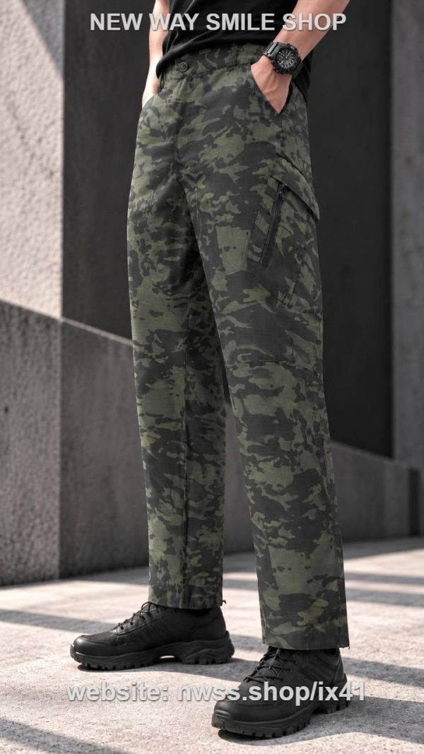 IX41 Green Camouflage Tactical Cargo Pants with Utility Side Pockets for outdoor and tactical use.