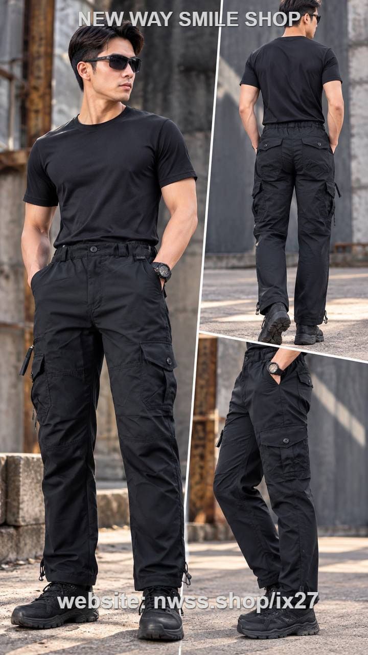 IX27 Lightweight Tactical Cargo Pants with elastic waist and side pockets in black for outdoor use.