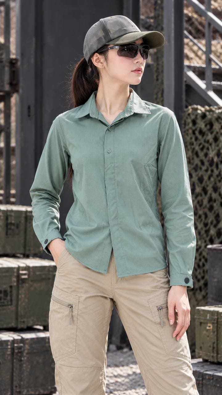Lightweight long sleeve tactical shirt in green, ideal for outdoor and tactical activities.