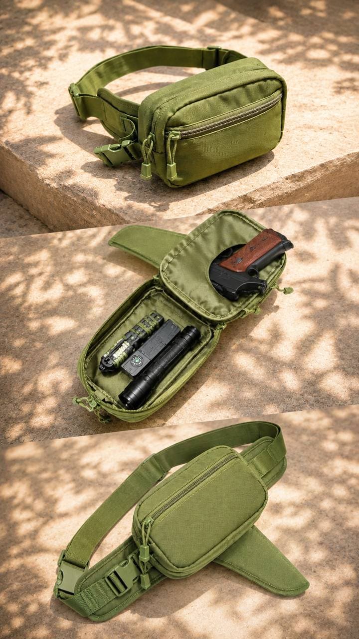 កាបូបចង្កេះ Tactical សម្រាប់ក្រៅផ្ទះ មានថង់ចំហៀងបែប Holster, ពណ៌បៃតង, សម្រាប់ប្រើក្រៅផ្ទះ និងសកម្មភាពចុងក្រោយ.