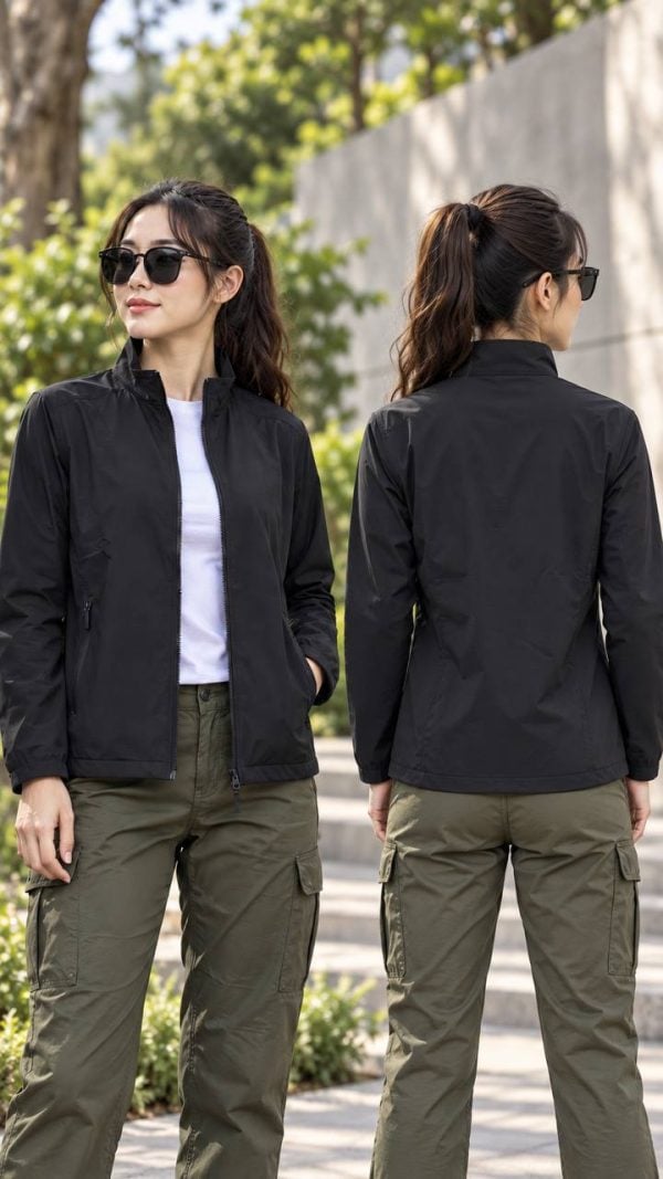 Men's black lightweight commuter jacket with stand collar, suitable for tactical and outdoor activities.