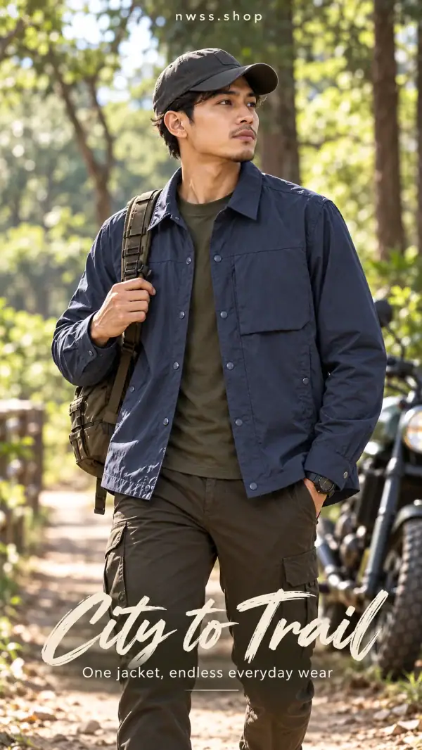 Men's navy lightweight quick-dry long-sleeve shirt jacket for outdoor activities.