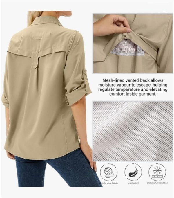 Long sleeve tactical outdoor shirt in beige with front pockets and quick-drying fabric for outdoor activities.