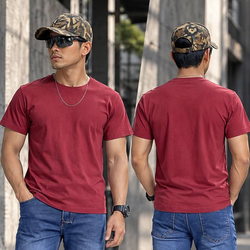 Unisex short sleeve T-shirt in red, casual style, worn by a man with accessories, outdoor urban background.
