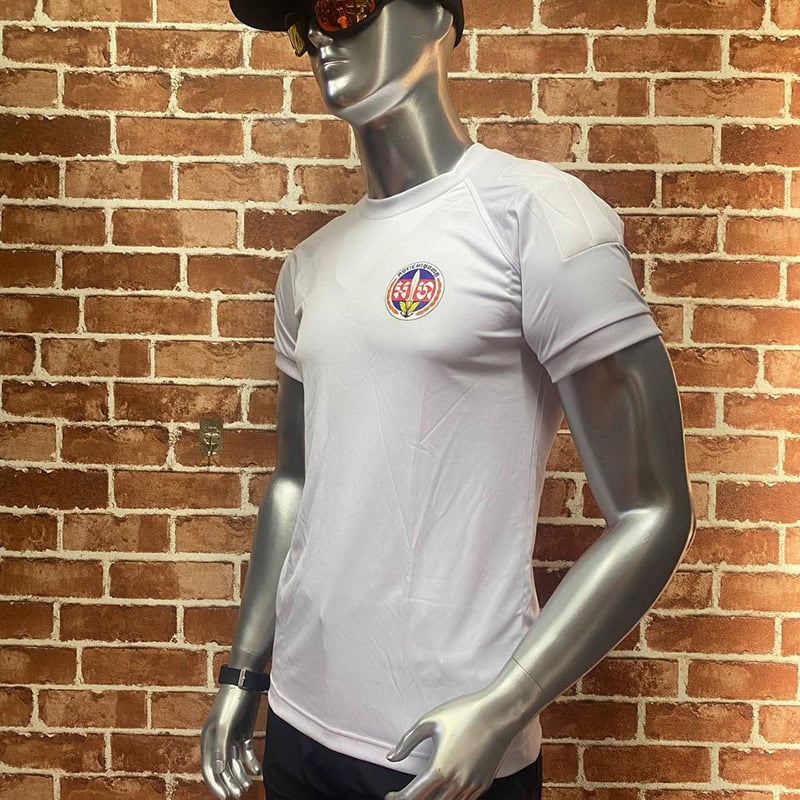 White TSS28 Athletic T-Shirt with raglan seams and circular chest emblem on a mannequin.