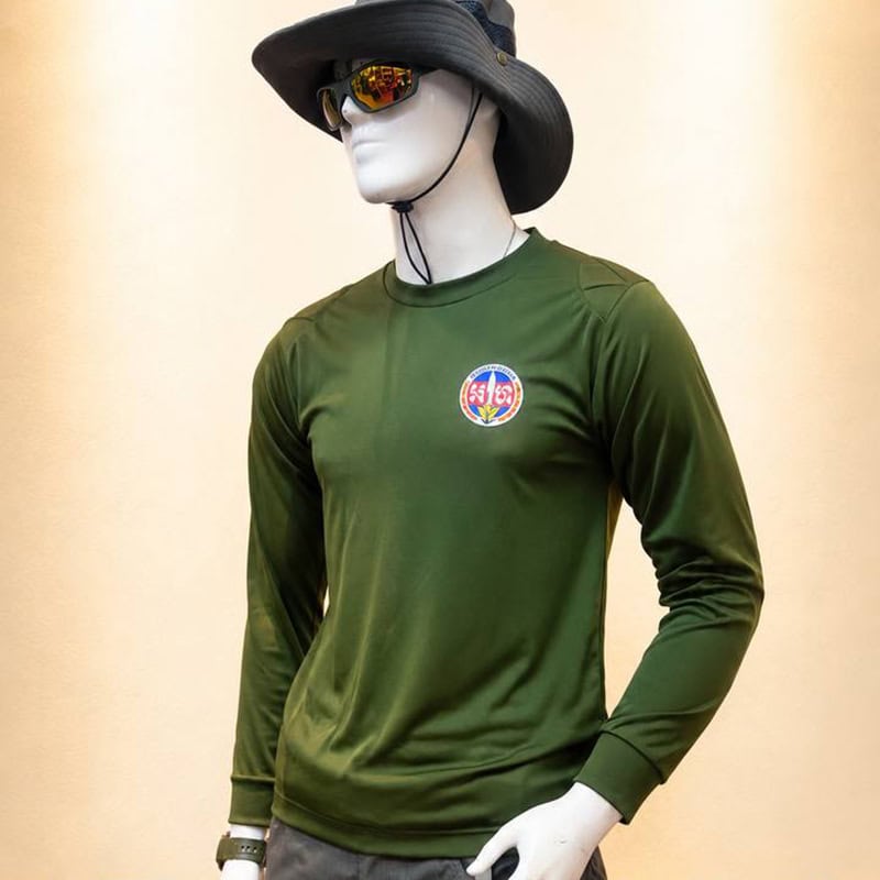 TSL14 Olive Green Long-Sleeve Tactical Outdoor Shirt with printed chest logo on a mannequin.