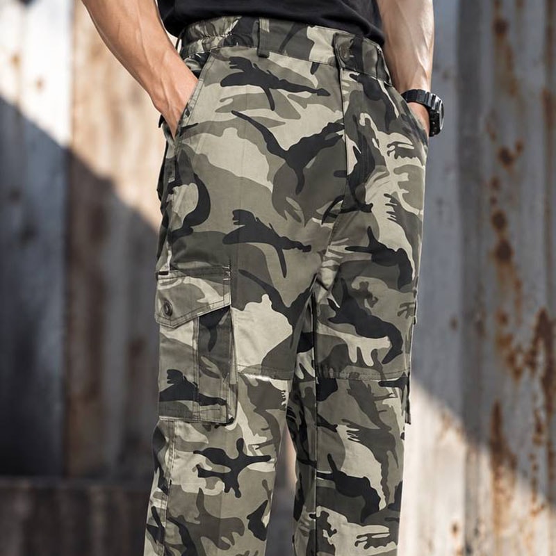 IX48 Camouflage Tactical Cargo Pants for outdoor and daily use in green and beige camouflage pattern.