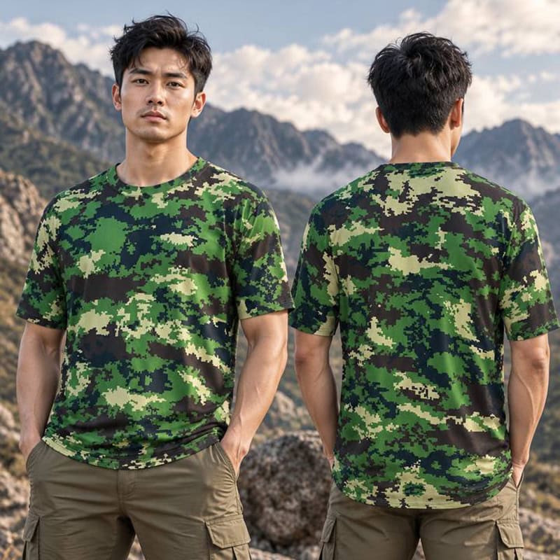 Camouflage short sleeve T-shirt for outdoor style, featuring green and black digital camo pattern.