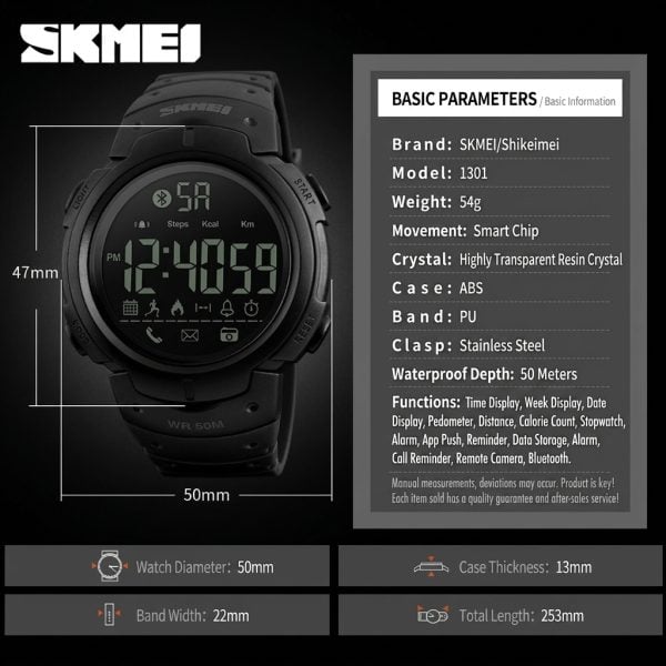 W26 Smart Sports Digital Watch with Step Counter, Bluetooth Reminder and 50M Water Resistance in black.