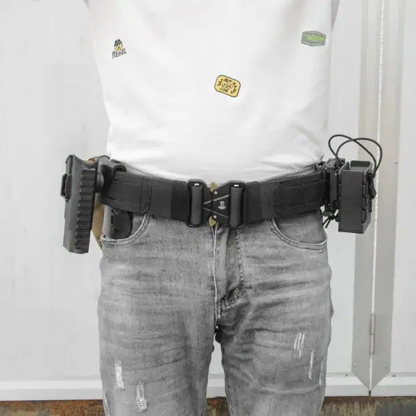 TBK09 Tactical MOLLE Quick-Release Belt with Inner Hook-and-Loop Belt in black for tactical use.
