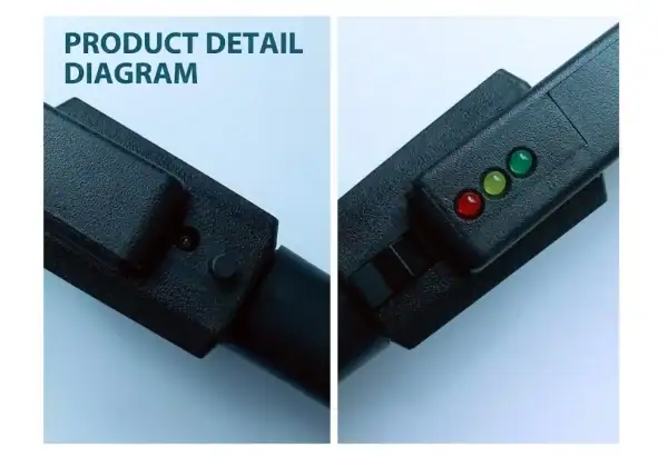 Handheld metal detector security scanner MD-3003B1 with indicator lights in black color.