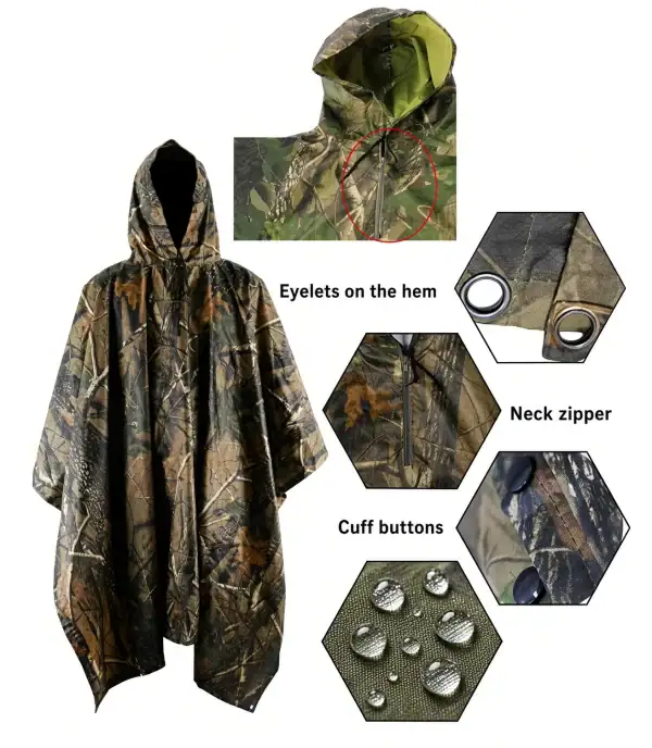 CG22 camouflage waterproof rain poncho with eyelets, neck zipper, and cuff buttons for tactical outdoor use.