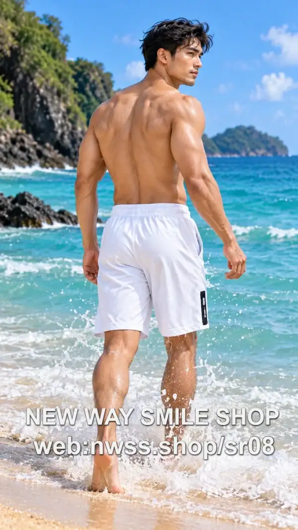 SR08 Men's Drawstring Outdoor Beach Shorts in white, lightweight and quick-drying for beach and outdoor activities.