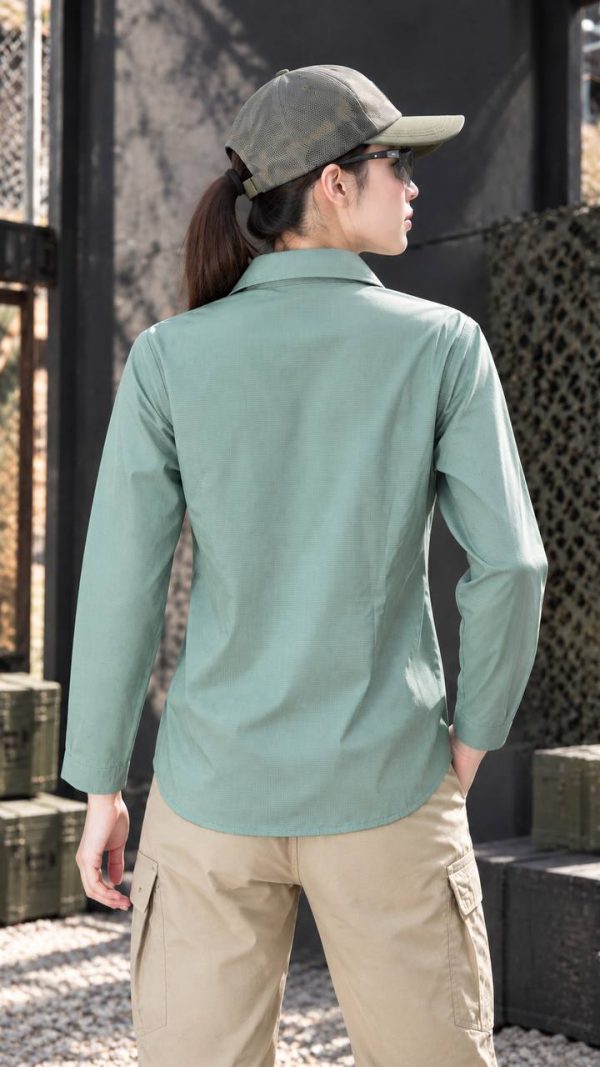 Light green lightweight long sleeve tactical shirt for outdoor and tactical use.