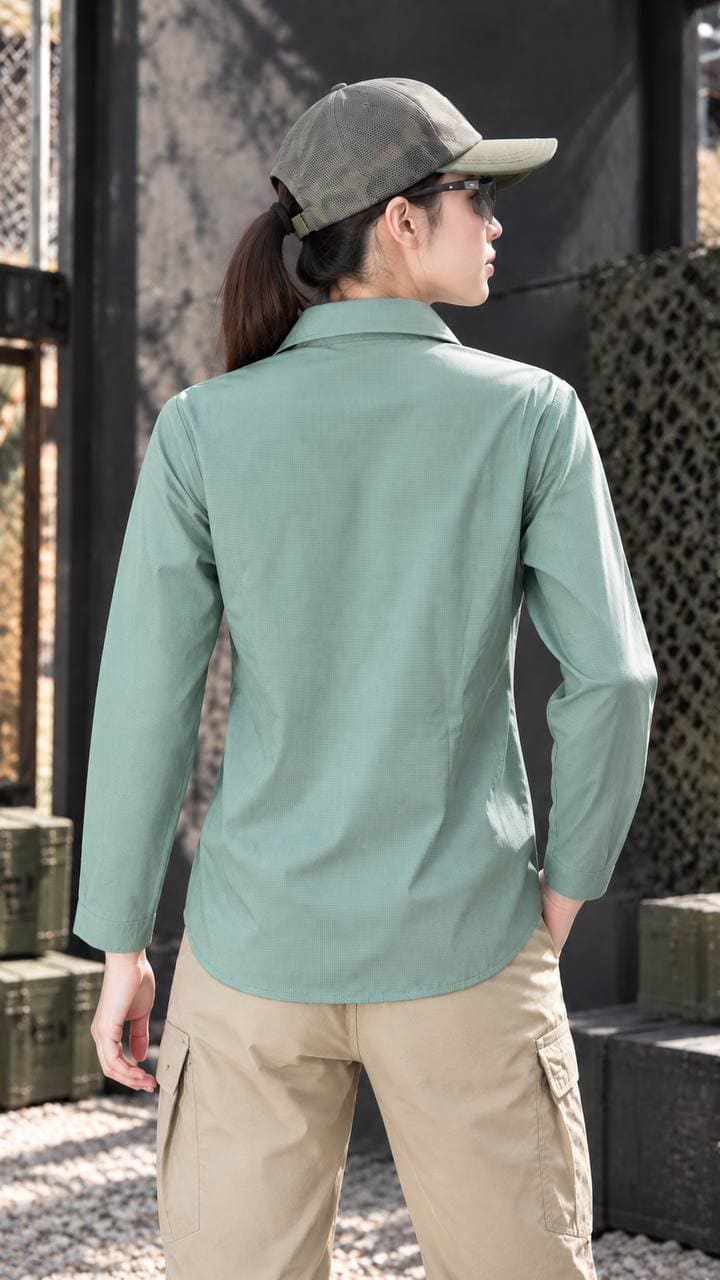 Light green lightweight long sleeve tactical shirt for outdoor and tactical use.