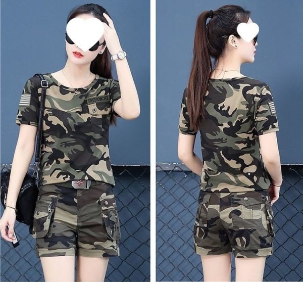 Women's tactical cargo shorts with belt and multi-pocket outdoor style in camouflage pattern.