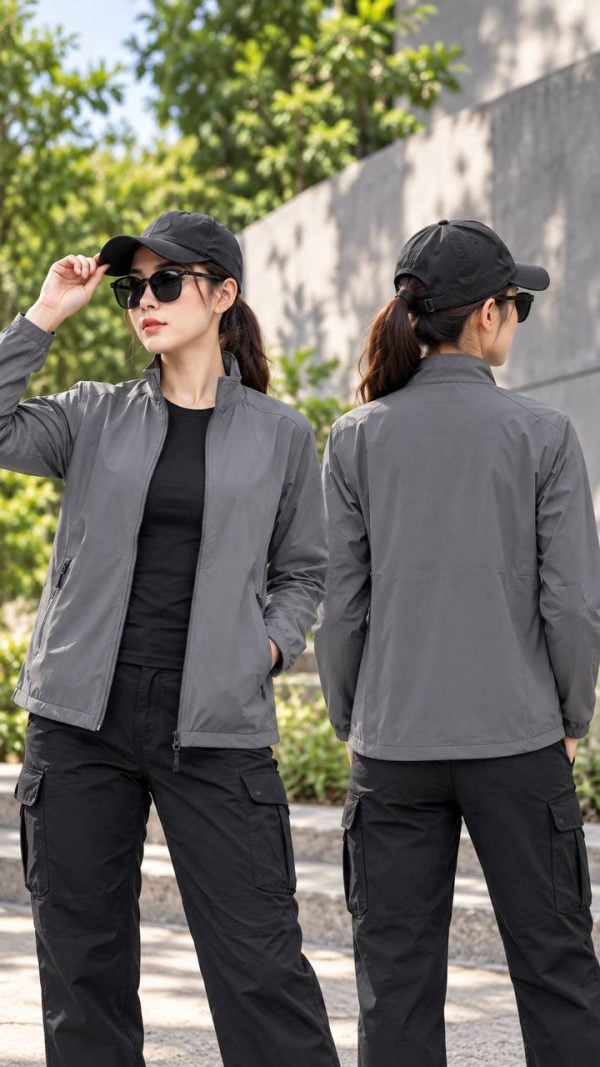 JK12 lightweight commuter jacket in gray with stand collar for men, outdoor tactical style.