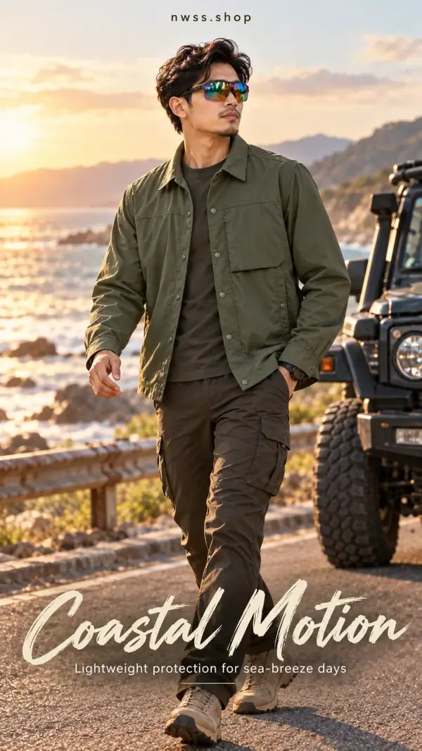 Men's lightweight quick-dry long-sleeve shirt jacket in olive green for outdoor and tactical use.
