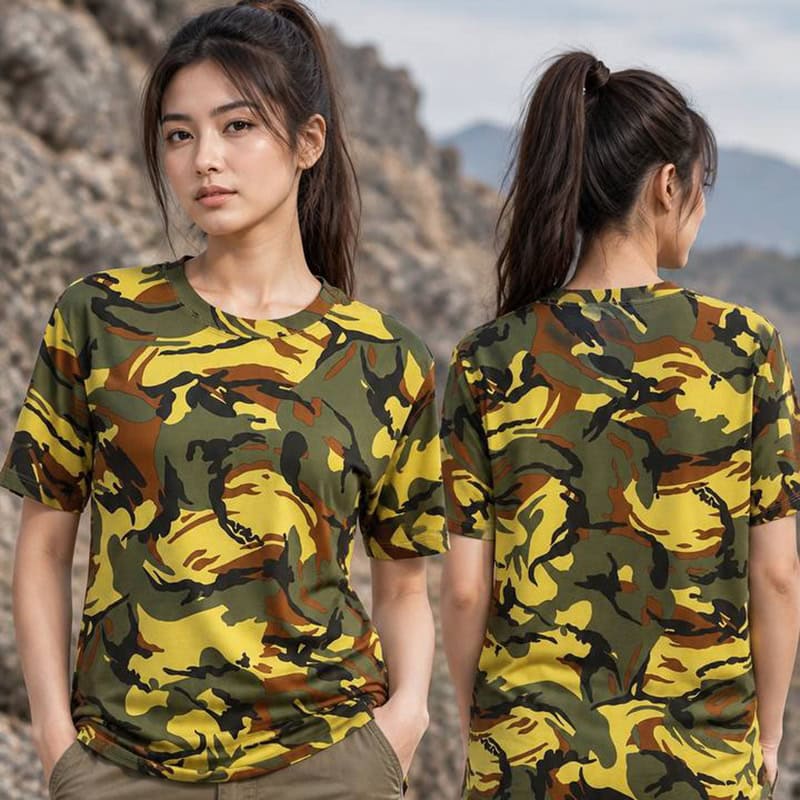 Camouflage short sleeve T-shirt for outdoor style, featuring yellow, green, and brown camouflage pattern.