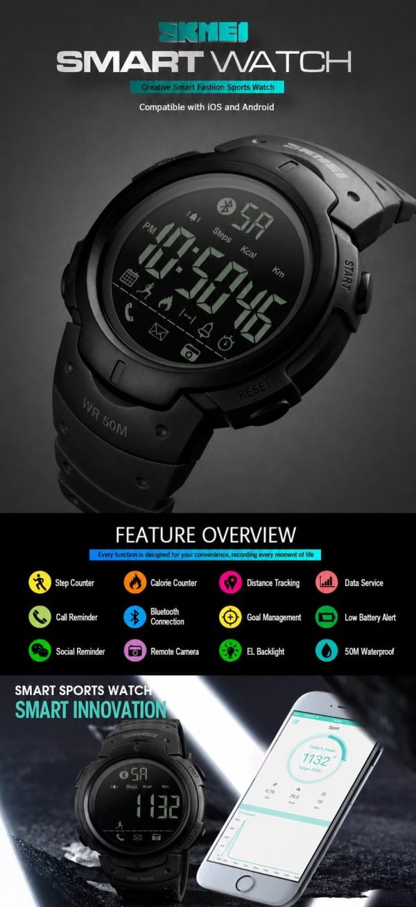 W26 Smart Sports Digital Watch with Step Counter, Bluetooth Reminder and 50M Water Resistance.