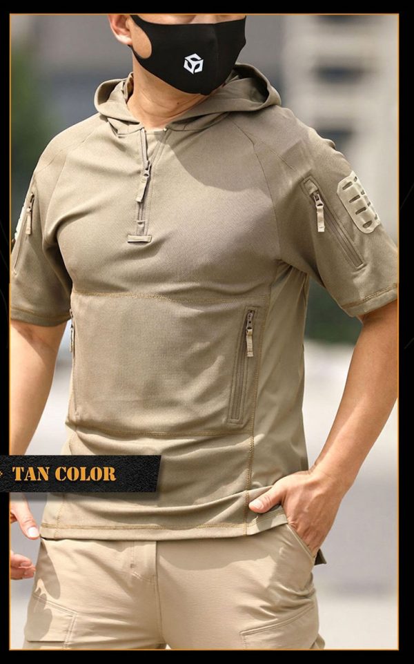 Men’s outdoor hooded quick-dry short sleeve T-shirt in tan color for tactical and outdoor activities.