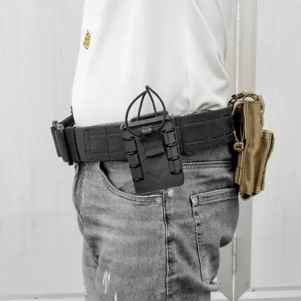 Tactical MOLLE quick-release belt with inner hook-and-loop for outdoor and tactical use.
