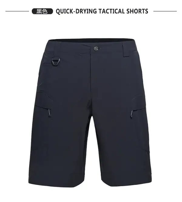 SR09 lightweight quick-dry tactical cargo shorts in black for outdoor and tactical use.