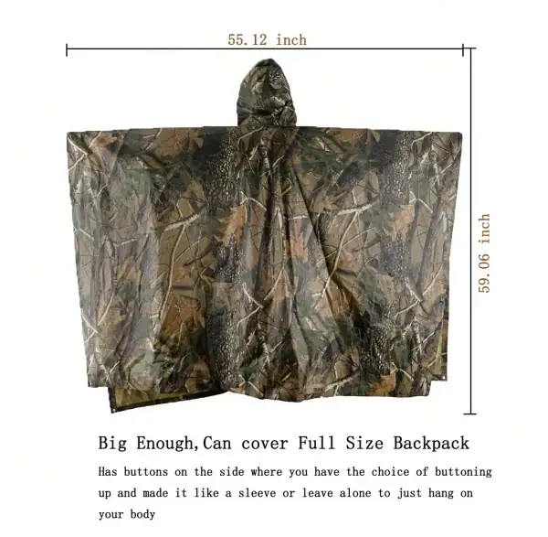 Camouflage waterproof rain poncho for outdoor and tactical use, full-size backpack style with buttons and hood.