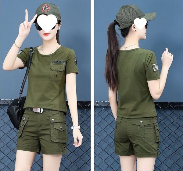 Women's tactical cargo shorts with belt and multi-pocket outdoor style in green, suitable for tactical and outdoor activities.