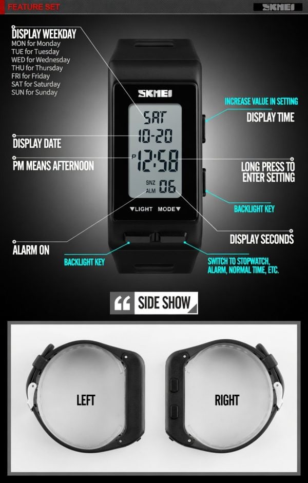 W14 Rectangular digital sports watch with PU strap and night light for outdoor activities.
