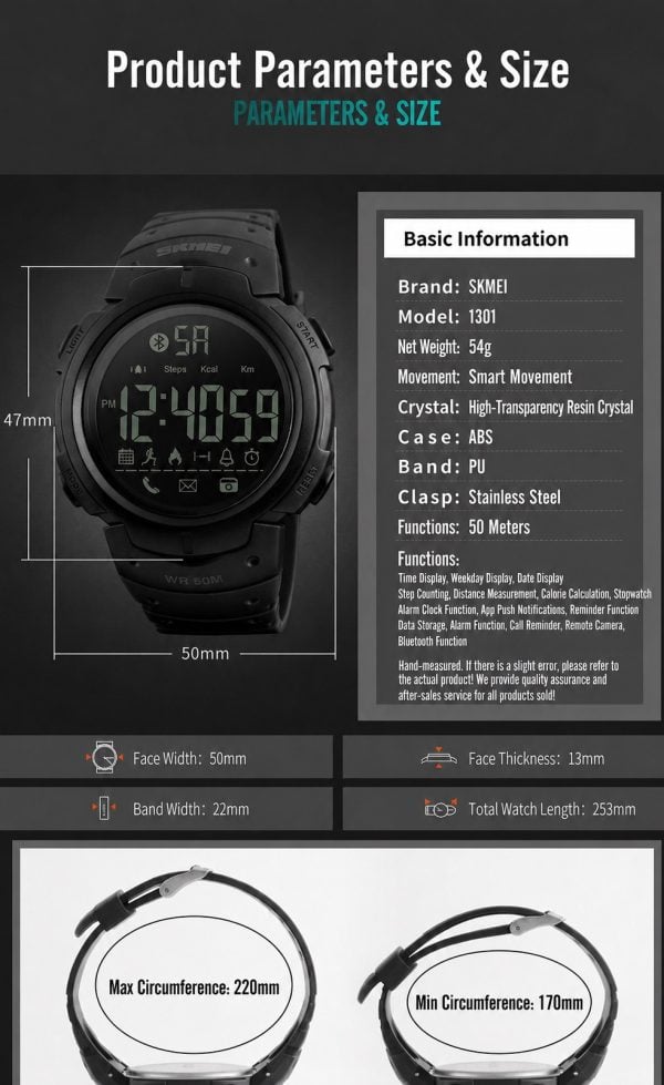 W26 Smart Sports Digital Watch with Step Counter, Bluetooth Reminder and 50M Water Resistance in black style.
