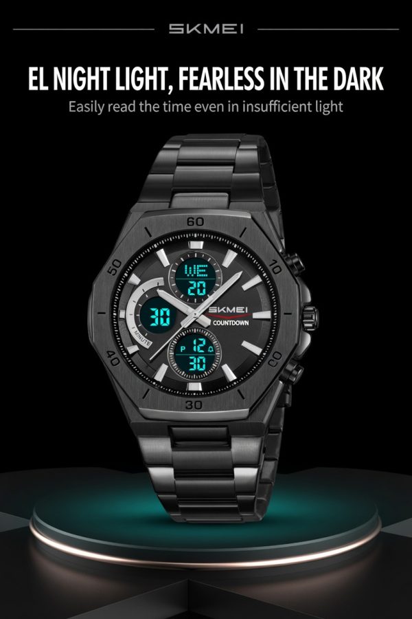W22 SKMEI steel belt multifunction electronic watch with digital and analog display in black style.
