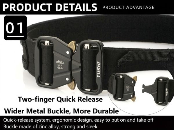 TBK10 Tactical Quick-Release MOLLE Belt with Inner Hook-and-Loop Belt, black color, durable metal buckle.