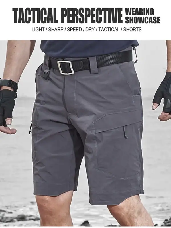 Light gray tactical cargo shorts with quick-dry elastic fabric for outdoor activities.