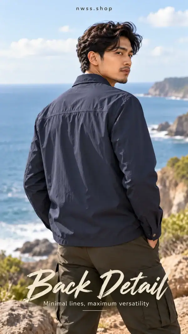 Men's navy lightweight quick-dry stretch long-sleeve shirt jacket for outdoor activities.