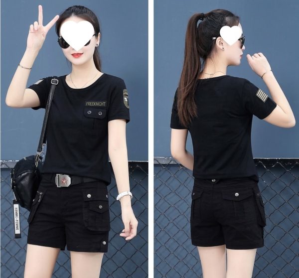 សម្លៀកបំពាក់ស្ត្រីខោខ្លី Tactical Cargo ពណ៌ខ្មៅ មានខ្សែក្រវាត់ និងហោប៉ៅ.