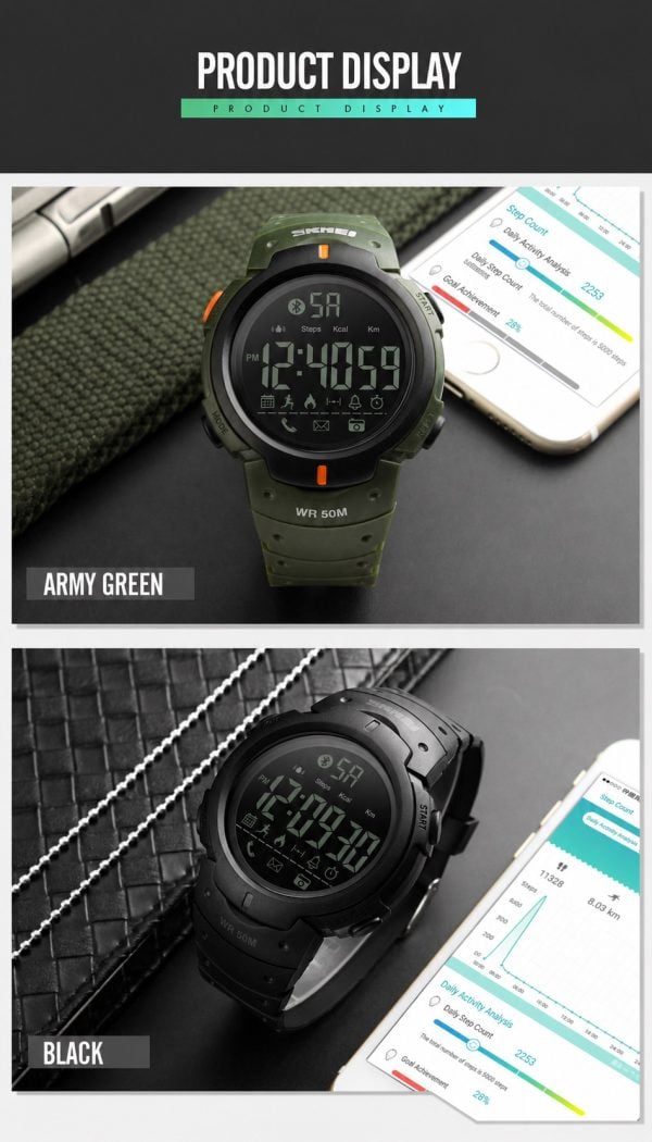 W26 Smart Sports Digital Watch in Army Green with step counter and water resistance.