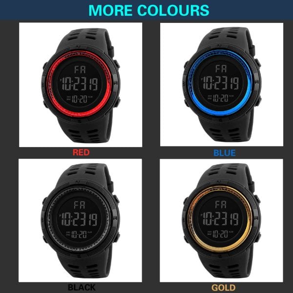 W24 HONHX 1866 sports digital watch with black band and colorful bezel options for outdoor activities.