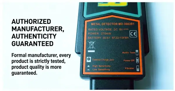 Handheld metal detector MD-3003B1 with orange and black design for security screening.