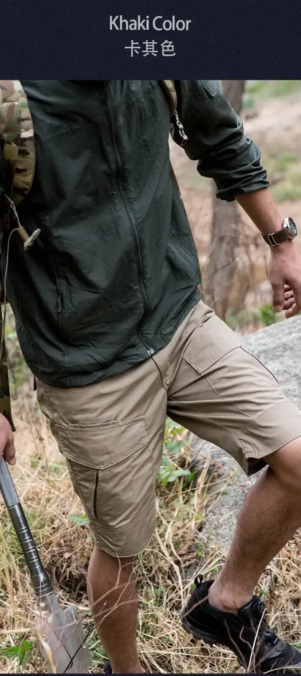ខោខ្លី Tactical Cargo ស្រាល សម្រាប់ Outdoor និងពាក់ប្រចាំថ្ងៃ, ពណ៌ khaki, ស្បែកជើងក្រៅនិងសម្លៀកបំពាក់សម្រាប់ការធ្វើដំណើរ.