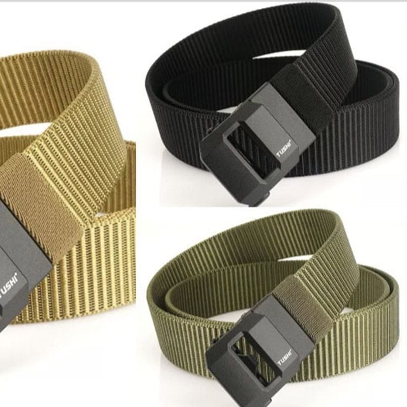 B32 tactical belt in black, khaki, and olive with durable buckle for outdoor use.