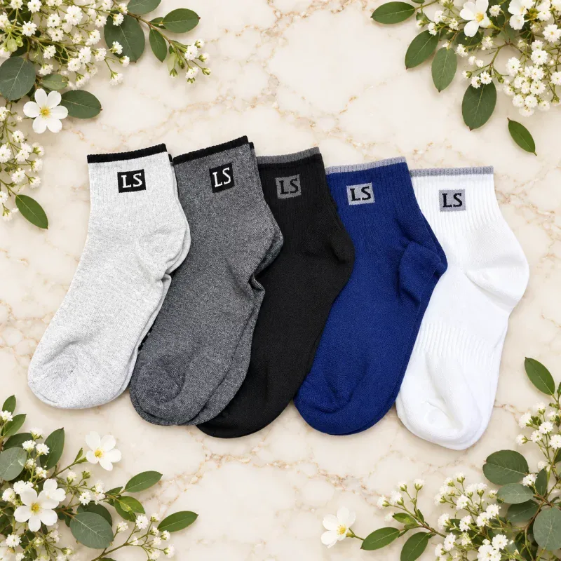 Set of five ankle socks in grey, dark grey, black, blue, and white with LS logo, suitable for outdoor or tactical use.