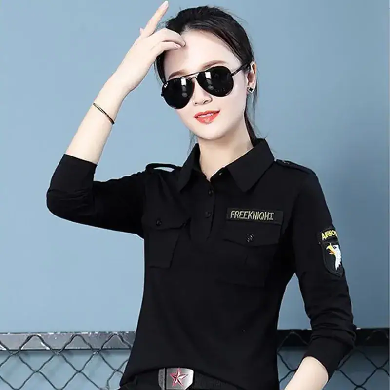 Women's black long sleeve collared T-shirt with chest pockets, tactical style, from New Way Smile Shop.