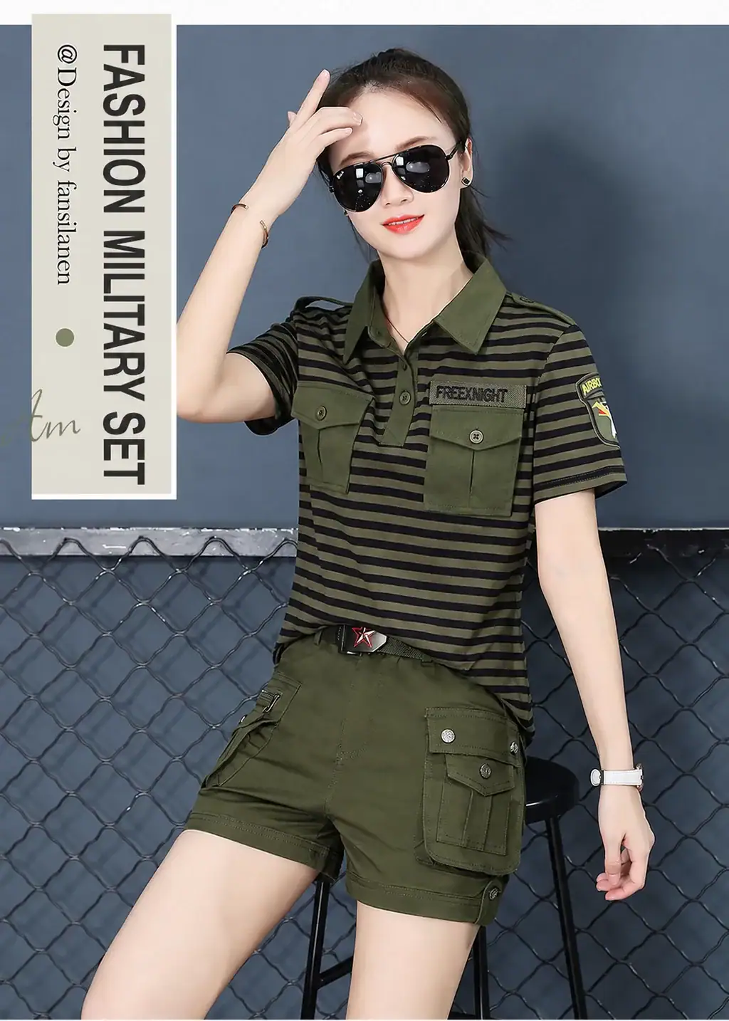 TSS62 Short-Sleeve Camouflage Collar Casual Tactical Shirt in green with black stripes.
