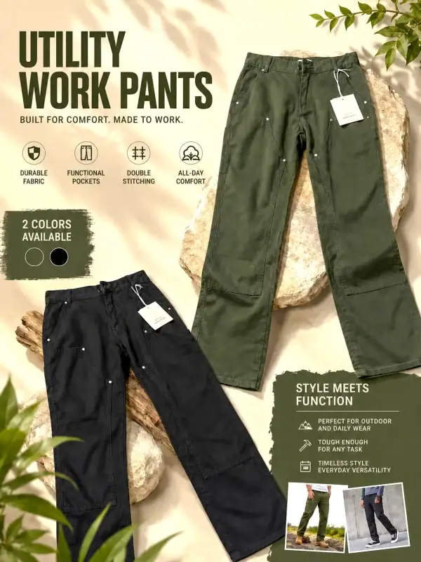 Utility work pants in green with functional pockets for outdoor and daily wear.