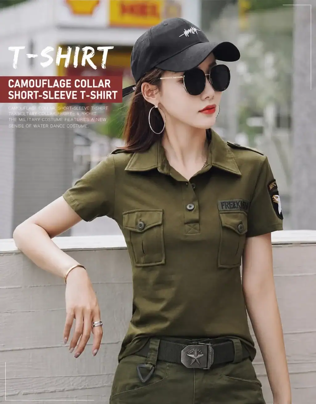 TSS62 Short-Sleeve Camouflage Collar Tactical Shirt with military style and olive green color.