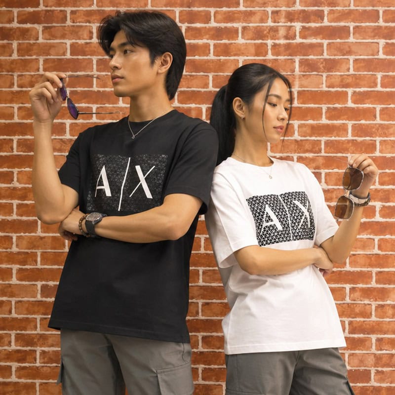 Unisex short sleeve graphic T-shirts in black and white with AX logo, casual style for everyday wear.