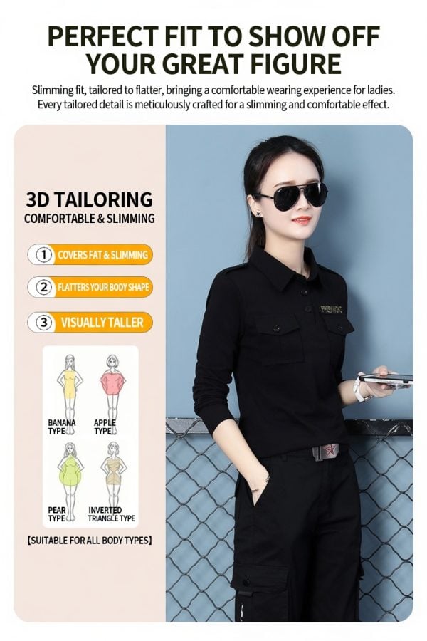 Tactical long sleeve shirt in black with dual chest pockets and wrinkle-resistant fabric for outdoor use.