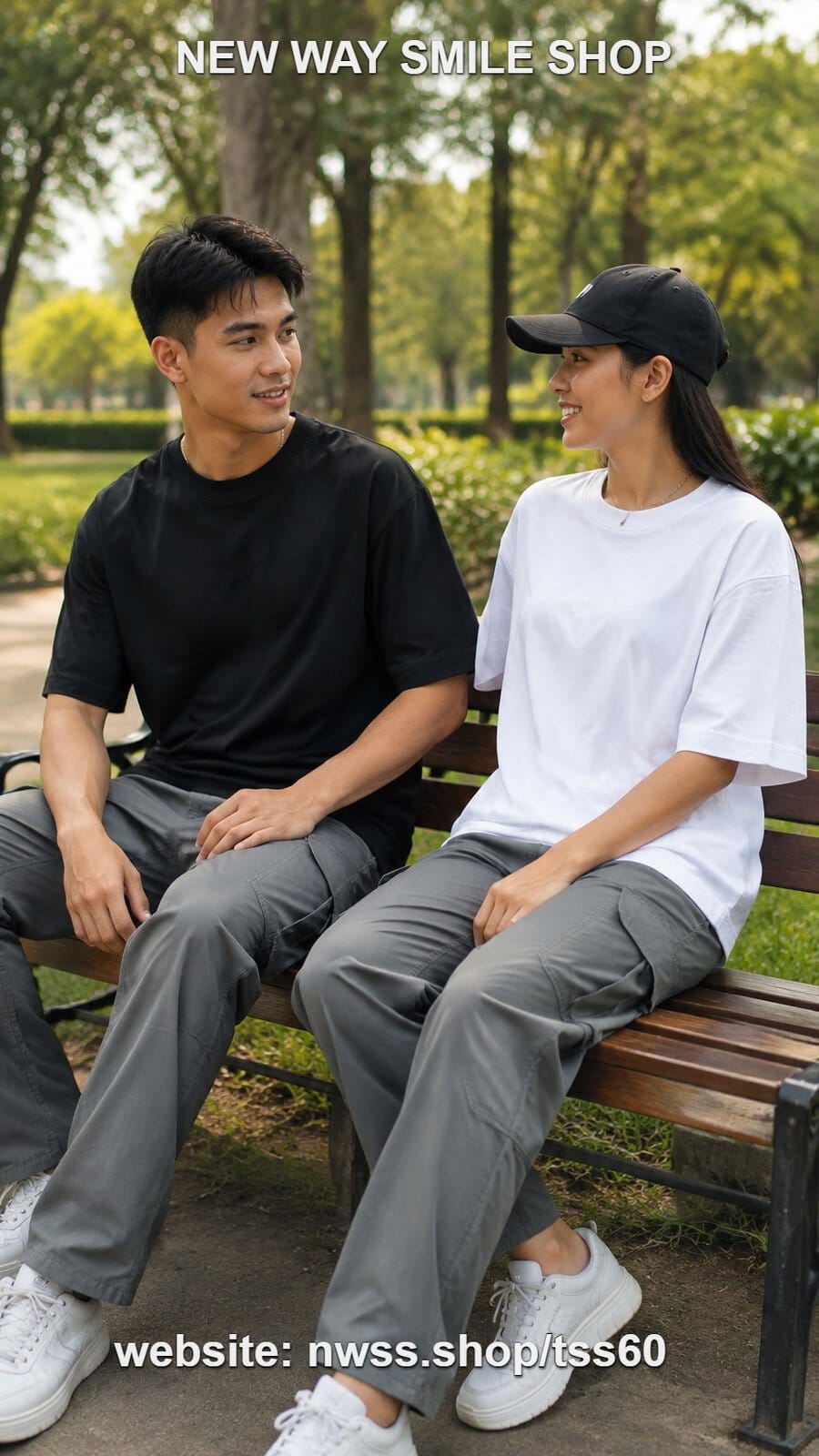 Oversized plain short-sleeve T-shirt for men and women in black and white, casual style, outdoor setting in Phnom Penh.